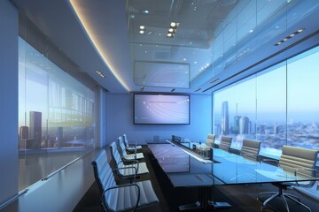 Poster - Glass conference room interior with projection screen and panoramic window, Generative AI