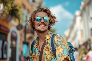 A man wearing a yellow shirt and sunglasses is smiling and posing for a picture. He has a backpack on his back and is standing on a street