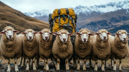 Wall Mural - Zoomed out Front view of 10 sheep standing next to each other with a dog wearing hiking equipment in the middle of them., all animals should be fully visible