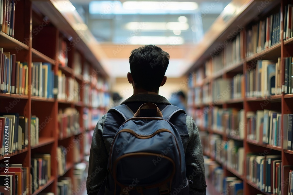 Back view of male student wearing backpack, standing in library ...
