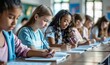 © James - Education concept. Group of diverse preteen students writing school test, noting lesson in their copybooks, sitting at desks in classroom, Generative AI