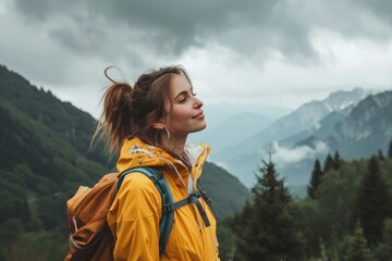 Carefree woman hiker breathing fresh air, standing in the mountains with beautiful view. Trekking and active lifestyle concept, Generative AI