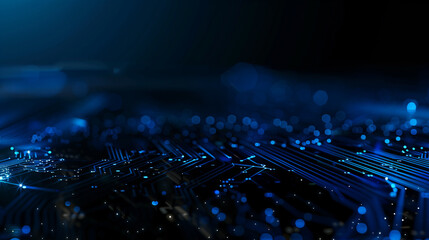 Fototapete - Abstract blue circuit board background with glowing dots and bokeh lights on dark black background, ideal for digital technology concept designs and modern electronic themes, highlighting connectivity