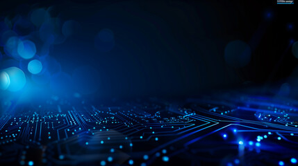 Fototapete - Abstract blue circuit board background with glowing dots and bokeh lights on dark black background, ideal for digital technology concept designs and modern electronic themes, highlighting connectivity
