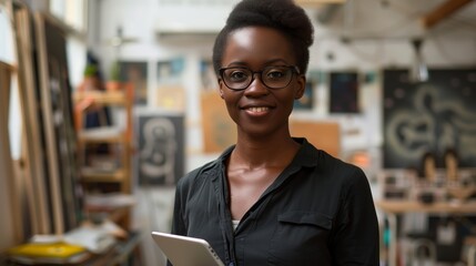 Wall Mural - A portrait of a smiling woman holding her tablet in hand, standing confidently inside an office space filled with creative and modern equipment