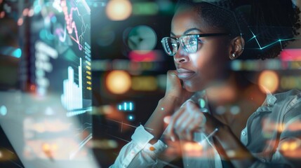 Wall Mural - Dark women use the concept of digital technology in the office, demonstrating their excellent performance and advanced technological insight in the workplace. 