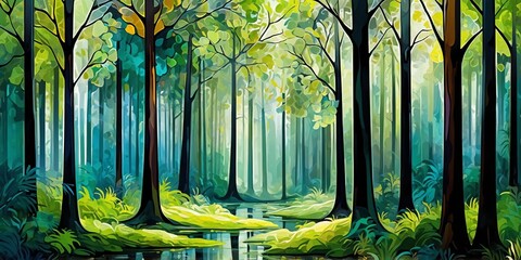 Wall Mural - abstract digital glass painting forest theme for backg background