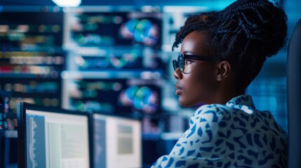 Wall Mural - Dark women use the concept of digital technology in the office, demonstrating their excellent performance and advanced technological insight in the workplace. 