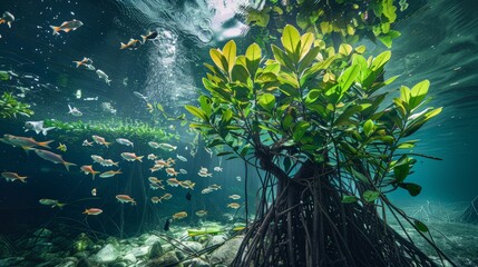 an underwater view of a mangrove tree with lots of leaves and beautiful fish 