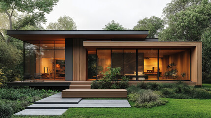 Wall Mural - A modern house with wooden cladding and glass windows, featuring an exterior wall made of light brown wood slats.