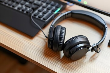 Black Headphones on a Wooden Desk