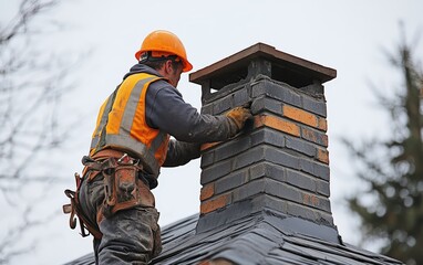 Construction Worker Repairing Brick Chimney on Roof