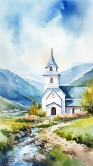 Wall Mural - Watercolor of a modern church in a small village