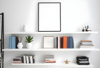 Minimalist living room with white walls, a floating shelf displaying books and decorative objects, and an empty framed artwork on the wall