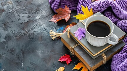 Wall Mural - A cup of black coffee, an old book and autumn leaves on the table