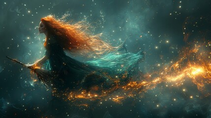 Wall Mural - gorgeous redheaded witch, sitting on a flying broomstick, realistic