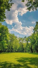 Wall Mural - Lush green forest with blue sky and white clouds.