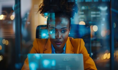 Attractive African American businesswoman using laptop to be a part of video conference call, business colleagues, a team communicating on the distance, hologram digital, Generative AI