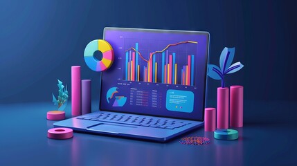 Growth strategy and financial goal analysis with 3d laptop displaying business charts and graphs on blue banner for financial management, audit, business development, and digital marketing concepts