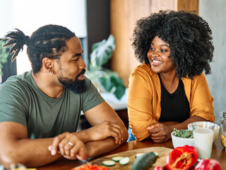 Wall Mural - kitchen couple woman man happy love food together cooking preparation preparing ingredient eating home lifestyle female smiling love black meal boyfriend girlfriend