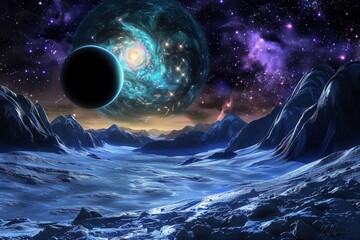 a distant planet with two moons and a galaxy in the sky