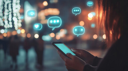 A person holding their phone, with an AI chatbot interface floating above it and conversation bubbles connecting them