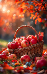 Sticker - A basket full of apples is sitting on the ground in a field. The apples are red and shiny, and the basket is woven.