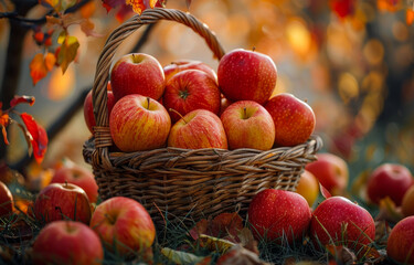 Wall Mural - A basket full of apples is sitting on the ground. The apples are red and shiny, and they are surrounded by fallen leaves.