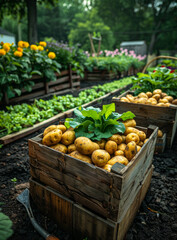 Canvas Print - A crate of potatoes is sitting on the ground next to a garden. The crate is full of potatoes and surrounded by a variety of plants.