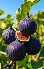 Canvas Print - A bunch of purple figs are hanging from a tree. The figs are ripe and ready to be eaten