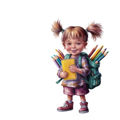 Wall Mural - Illustration of a young girl holding a notebook and a bunch of colorful pencils, with backpack on her shoulders, back to school concept, on transparent background