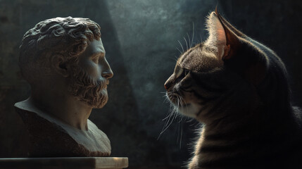 “Curious Cat: Captivated by a Greek Statue”