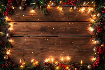 christmas background with fir branches, decorations and string lights in the frame and an empty spac