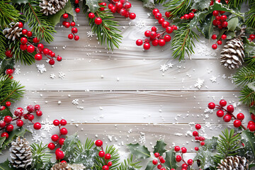 Wall Mural - christmas and new years background with fir branches, holly, berries and snowfall on wooden white bo
