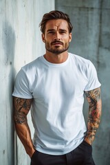 Oversize white style t-shirt mockup photo with handsome man with tattoos and light concrete background, Generative AI