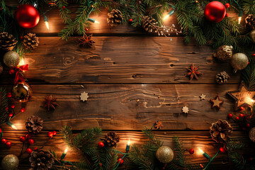 Wall Mural - christmas background with fir branches, decorations and string lights in the frame and an empty spac