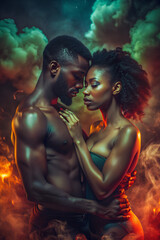 Black couple embracing. African american man and woman. YA paranormal fantasy concept. Darkness with color burst. Mist, smoke, fog. Couple in love. Glowing light. Surreal epic fantasy dystopian love