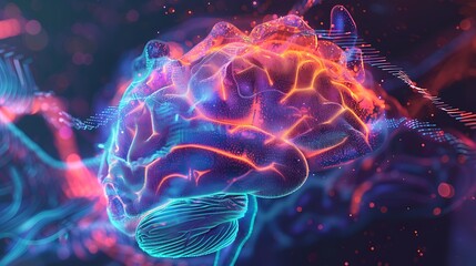 Wall Mural - digital illustration of a brain with neon lights and glowing particles. it is an abstract representa