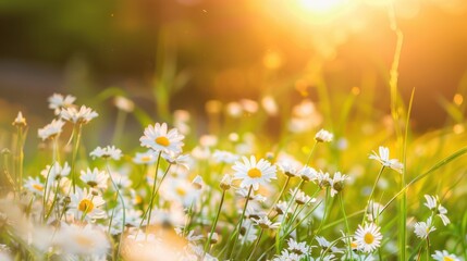 Wall Mural - Beautiful daisies in a sunlit meadow during a golden sunset.