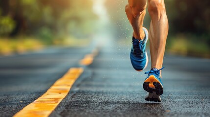 Poster - Runner's Legs and Shoes on Asphalt Road.