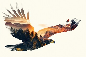 Wall Mural - Majestic eagle soaring with sunset mountain landscape double exposure