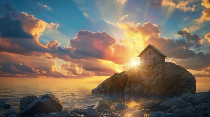 Wall Mural - House constructed on the sand vs house constructed on a rock.  Parable of the wise and foolish builders.  Gospel of Matthew.  Hearing Jesus' teachings and putting them into practice.  Sunset sky