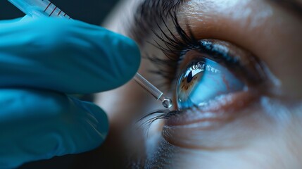 close-up of a doctor administering an antihistamine eye drop for allergy-induced red eye.