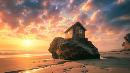 Wall Mural - House constructed on the sand vs house constructed on a rock.  Parable of the wise and foolish builders.  Gospel of Matthew.  Hearing Jesus' teachings and putting them into practice.  Sunset sky