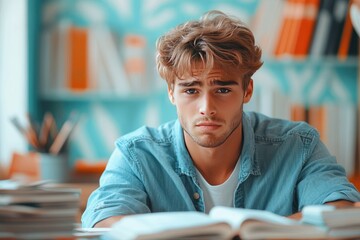 Wall Mural - Young Man Studying with a Serious Expression in a Library