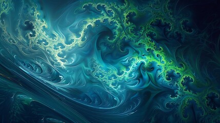 Wall Mural - abstract fractal artwork featuring swirling blue and green patterns.