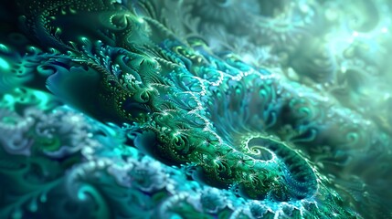 Wall Mural - digital fractal art piece featuring a swirling spiral pattern in vibrant turquoise and green hues, c