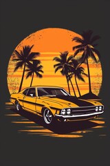 Poster - A bright yellow muscle car parked in front of swaying palm trees, perfect for a sunny day or a retro-themed event