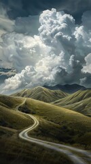 Wall Mural - Winding Road Through Rolling Green Hills Under Dramatic Clouds.