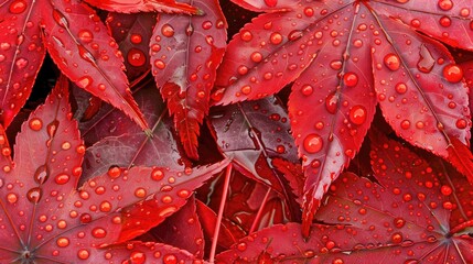 Sticker - red maple leaves with water droplets